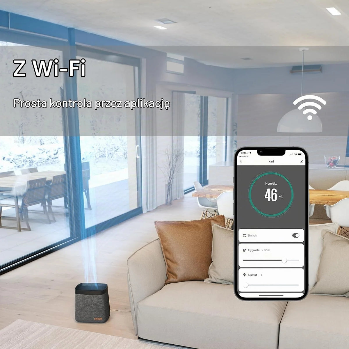 Nawilżacz powietrza Stadler Form Karl, wydajny nawilżacz parowy do pomieszczeń o powierzchni do 100 m², cichy, sterowany przez aplikację WiFi, obudowa tekstylna, 4 poziomy nawilżania, czarny