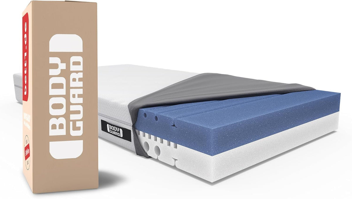 bett1 | BODYGUARD materac antykartelowy 90x200 (2 w 1 średniotwardy/twardszy, pokrowiec można prać w temp. do 60°C, Oeko-TEX® 100, moduły ergonomiczne, pianka QXSchaum)
