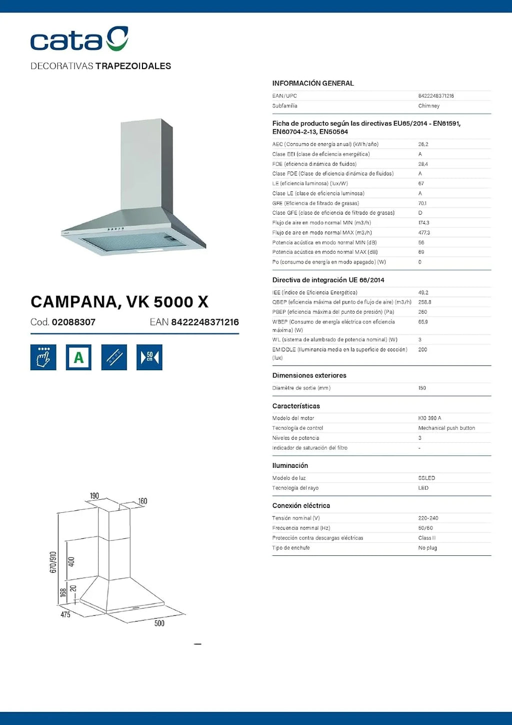 CATA Okap kuchenny VK 5000 X sterowanie mechaniczne 3-stopniowy ekstraktor 480 m³/h poziom hałasu 56 dB silnik K10 zużycie 110 W oświetlenie LED kolor stal nierdzewna