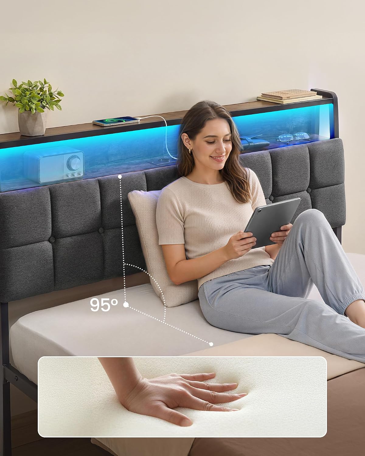 VASAGLE Rama Łóżka z Tapicerowanym Zagłówkiem, Oświetlenie LED, Porty USB