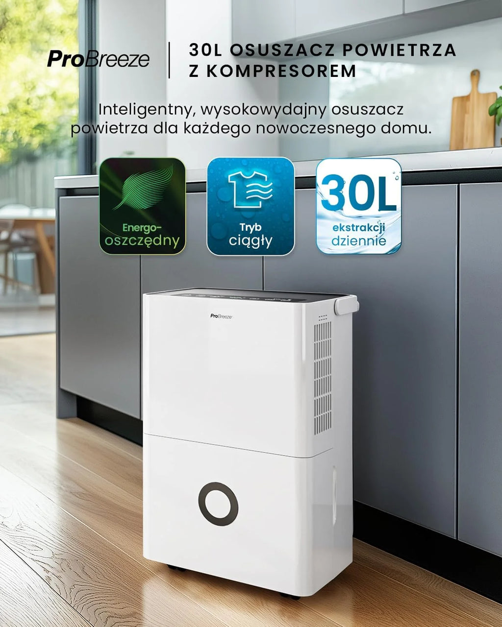 Pro Breeze Osuszacz powietrza 30 l w 24 h – wydajność osuszania, elektryczny z Wi-Fi, czujnik wilgotności, zbiornik 4 l, timer, wąż odpływowy, ochrona