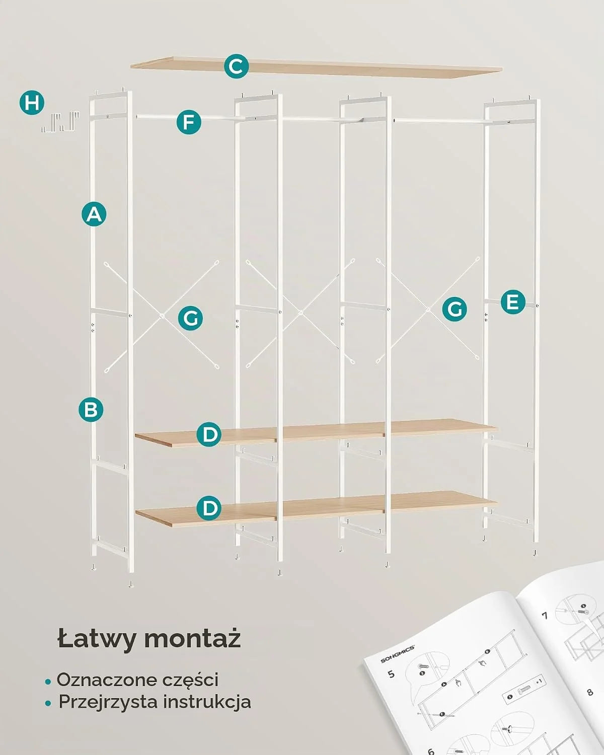 SONGMICS Otwarta szafa ubranie, wieszak do ubrań, z drążkiem, półki, zdejmowane haczyki, 40 x 141 x 180 cm, naturalny beż RGR005W67