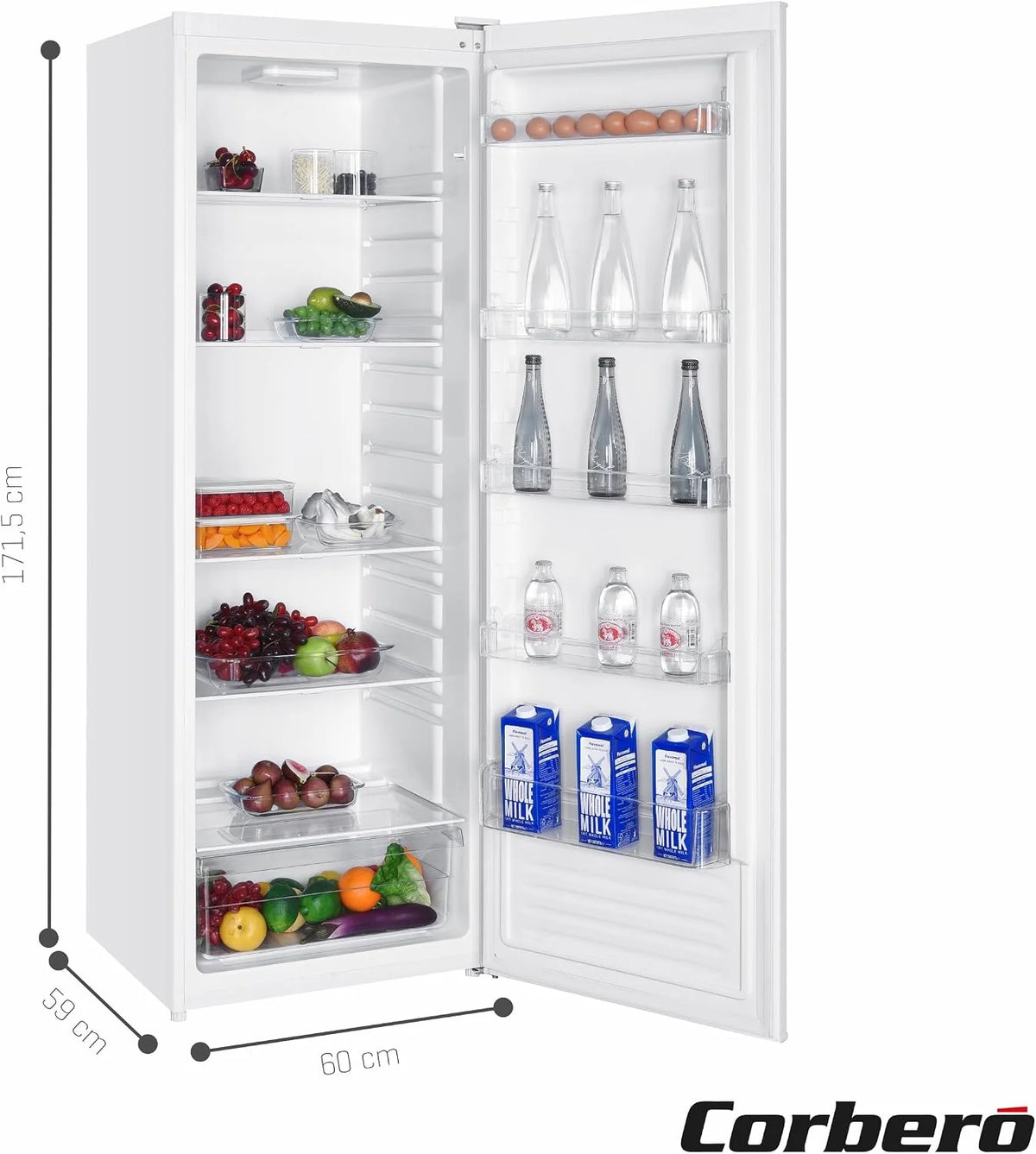 Corbero – Lodówka 1-drzwiowa | CCLH17023W | 331L | 171,5 x 60 x 59 cm | Szuflada do ścinania | Szklane półki i jajko | Odwracalne drzwi | Nogi poziomujące | biały