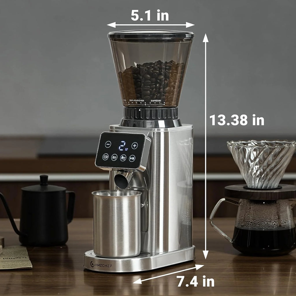AMZCHEF Elektryczny młynek do kawy ze zdejmowanym uchwytem na sitko i pojemnik, młynek do kawy, z 24 stopniami mielenia, regulowany do espresso/Drip/Pour Over/Cold Brew/French Press