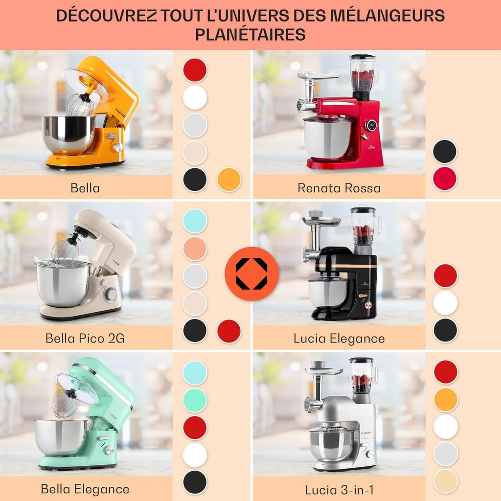 Klarstein Robot kuchenny, Maszyna do wyrabiania ciasta z misą 5L, 2000W profesjonalny robot z hakiem i trzepaczką, Uniwersalny z 6 biegami, Maszyna do mieszania, ugniatania i ubijania