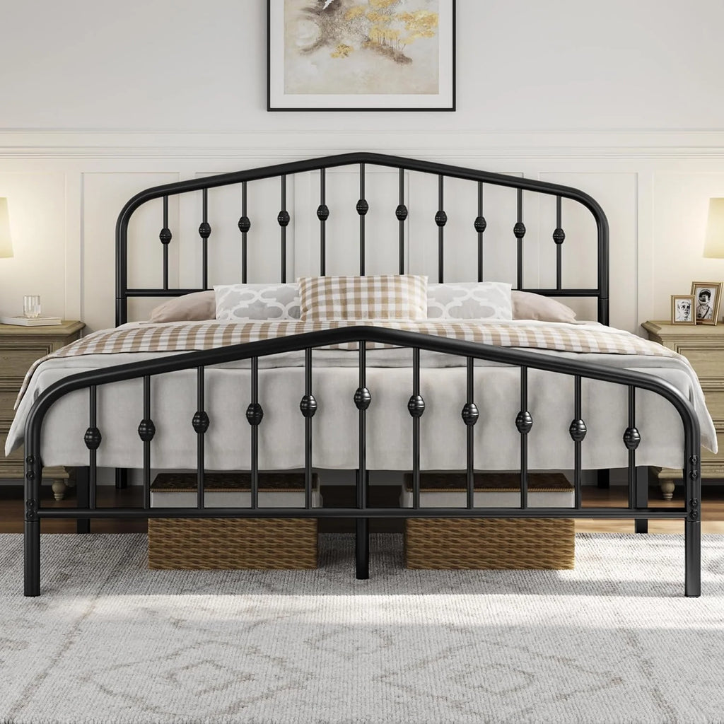 Yaheetech Rama łóżka 160 x 200 cm, metalowe łóżko w stylu vintage z zagłówkiem w kształcie korony, solidna rama łóżka podwójne łóżko wykonane z metalu, łóżko dla gości łóżko dzienne, czarne