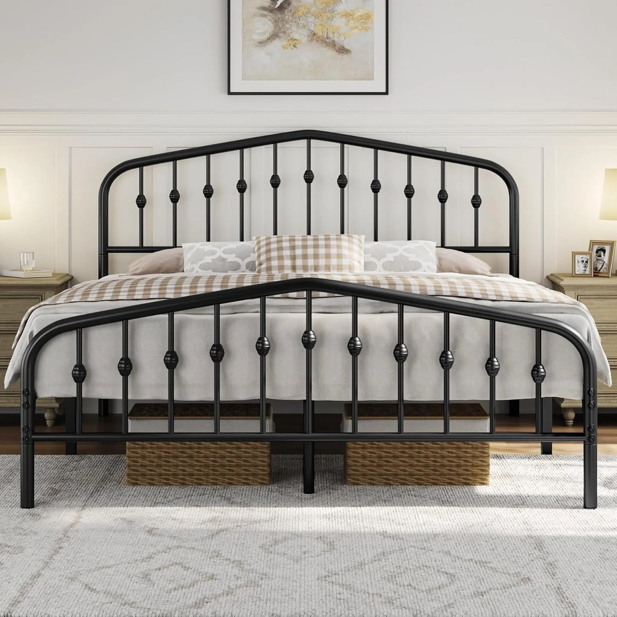 Yaheetech Rama łóżka 160 x 200 cm, metalowe łóżko w stylu vintage z zagłówkiem w kształcie korony, solidna rama łóżka podwójne łóżko wykonane z metalu, łóżko dla gości łóżko dzienne, czarne
