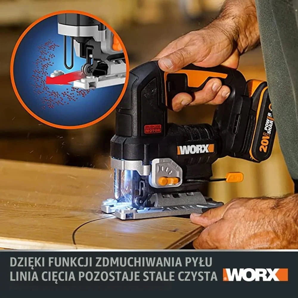 WORX Nitro WX542 akumulatorowa wyrzynarka wahadłowa 20 V, silnik bezszczotkowy, profesjonalna wyrzynarka z adapterem ssącym, idealna również do cięcia ukośnego, kompatybilna z PowerShare, z