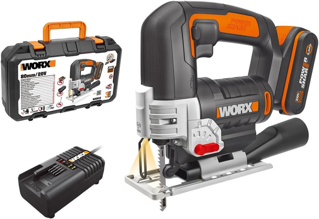 WORX WX543 akumulatorowa wyrzynarka wahadłowa, 20 V, profesjonalna wyrzynarka z adapterem ssącym, idealna również do cięcia ukośnego, kompatybilna z PowerShare czarna