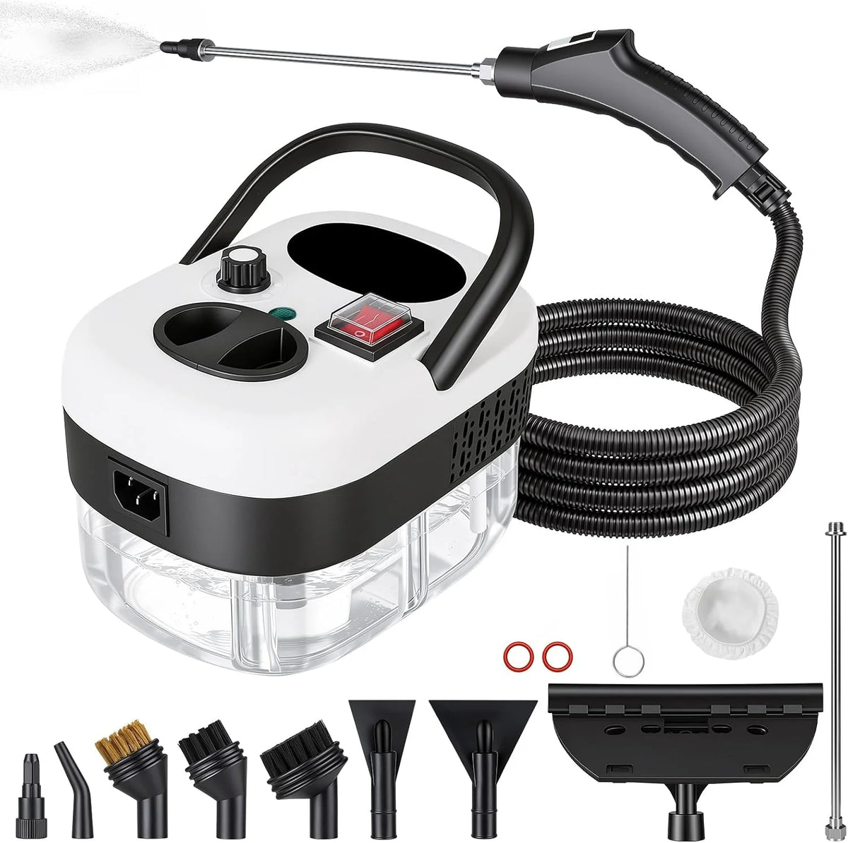 Myjka parowa, 2500 W, wielofunkcyjna, ręczna myjka parowa z 6 prędkościami regulacji, 8 rodzajów dysz, 1250 ml