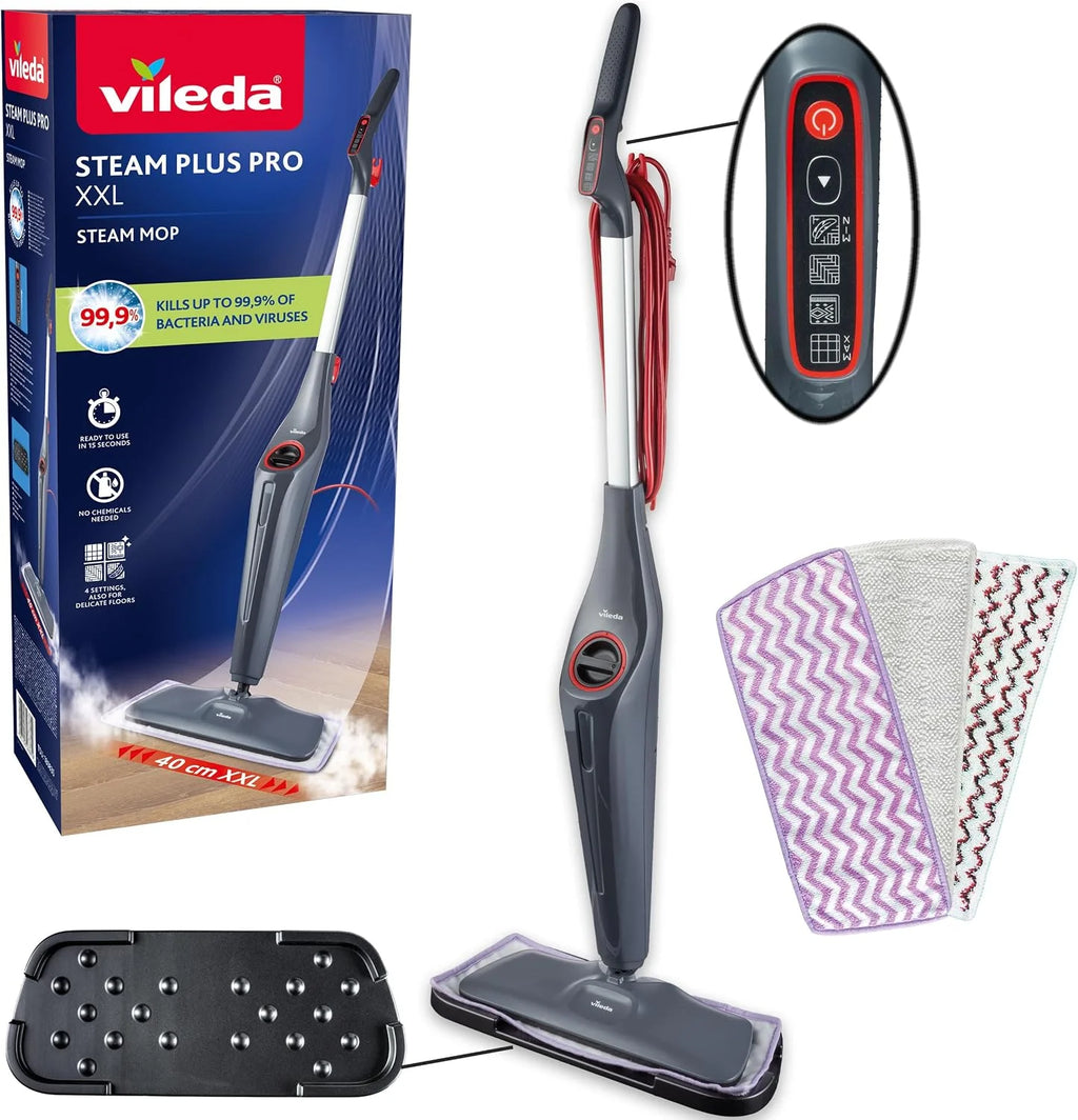 Mop parowy Vileda Steam Plus Pro XXL, zabija do 99,9% bakterii i wirusów, idealny do delikatnych podłóg, z 4 trybami pary, posiada podstawkę do przechowywania