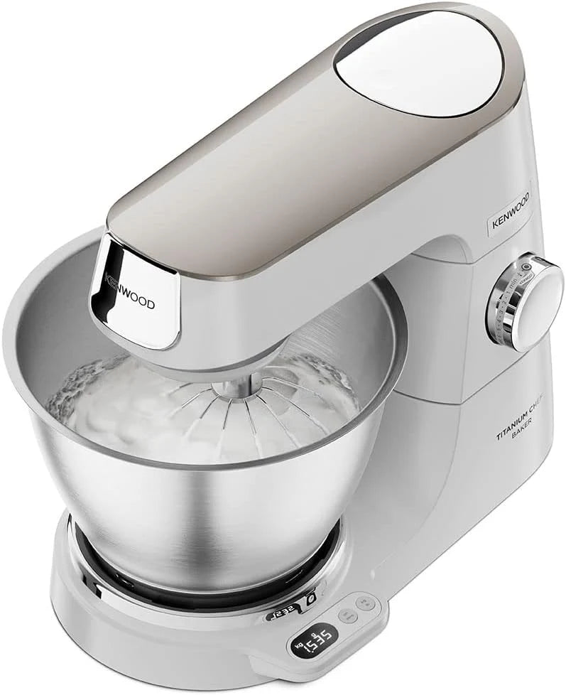 Kenwood Titanium Chef Baker KVC65.001WH, Zagniatarka planetarna z wbudowaną wagą, Trzepaczka K, Hak do wyrabiania, Trzepaczka, Miska 5 l, moc 1200 W, Biały