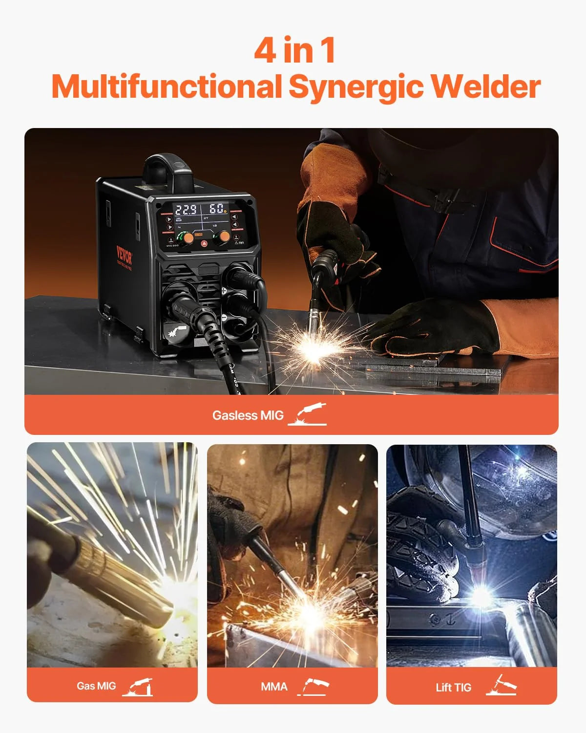 VEVOR Spawarka MIG, 200 A, spawarka synergiczna, przenośna spawarka wieloprocesowa MIG bezgazowa MMA Lift TIG 4 w 1, wydajny spawacz z technologią inwertera IGBT, wyświetlacz LCD