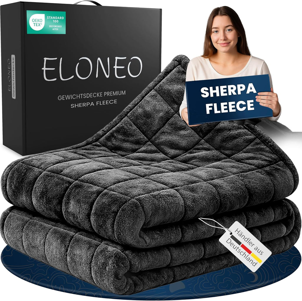 ELONEO koc obciążeniowy Sherpa Fleece 200x200 cm z 9 kg, certyfikowany Oeko-Tex, koc obciążeniowy, koc relaksacyjny i koc przeciwstresowy, czarny
