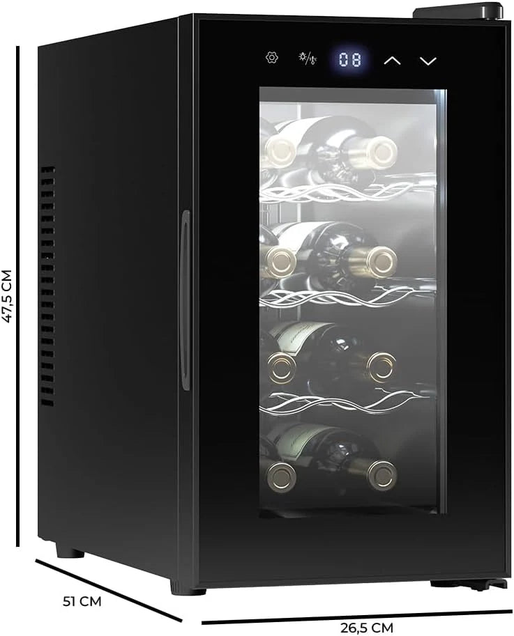 Cecotec Grandsommelier 8 butelek Bolero 830 coolcrystal, chłodzenie termoelektryczne, regulacja temperatury w zakresie 8-18°C, sterowanie dotykowe i wyświetlacz, wewnętrzna dioda LED, nieszkodliwy gaz