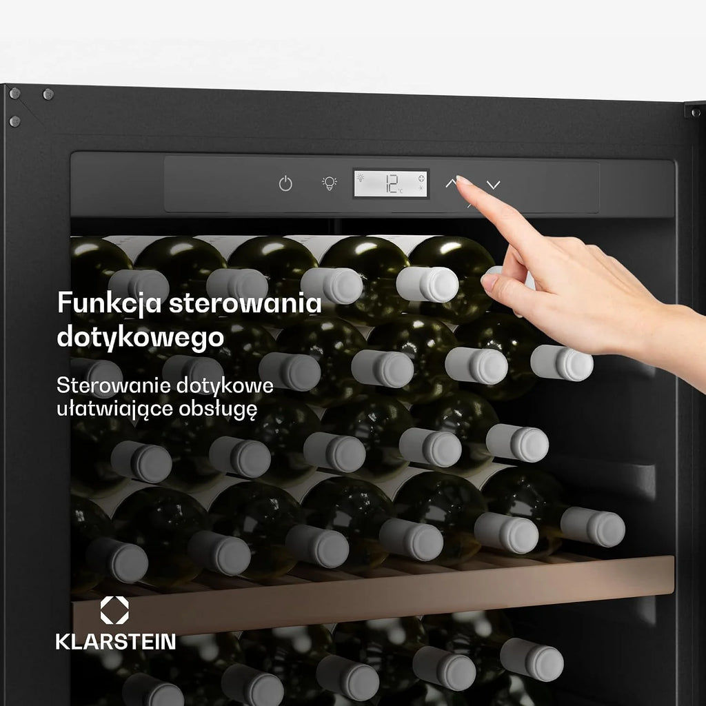 Klarstein CellarMax Lodówka do wina Wolnostojąca - 155 butelek, 5-20 °C, Dotykowe sterowanie, Metalowe drzwi, Drewniane półki, Alarm, Klasa energetyczna E, Duża lodówka do wina