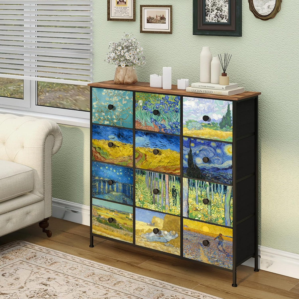 VEDECASA - Wąska, wysoka komoda z 12 szufladami, motyw Van Gogh, do pokoju dziecięcego, salonu, korytarza, sypialni, biura, struktura metalowa i panel drewniany