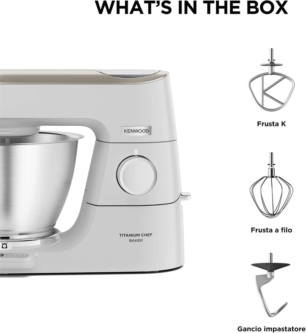 Kenwood Titanium Chef Baker KVC65.001WH, Zagniatarka planetarna z wbudowaną wagą, Trzepaczka K, Hak do wyrabiania, Trzepaczka, Miska 5 l, moc 1200 W, Biały