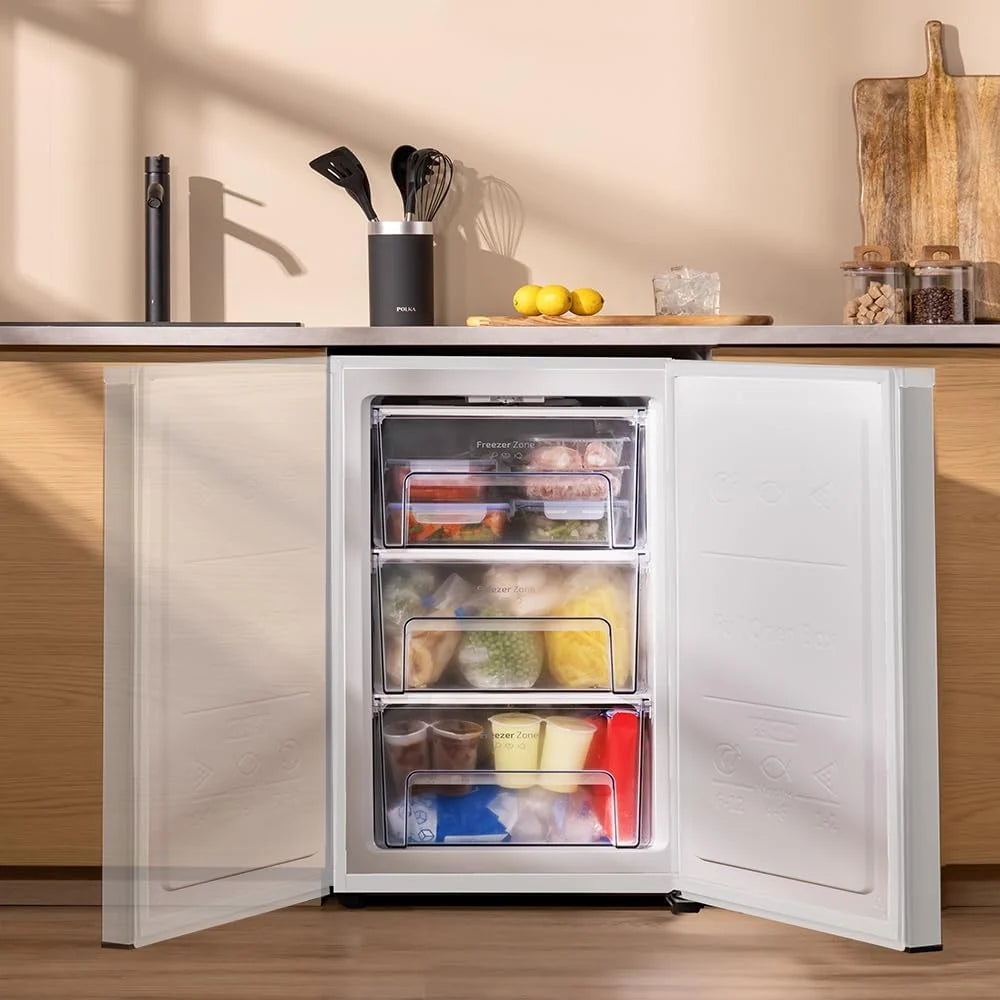 Cecotec Zamrażarka Szafa 97 L Bolero CoolMarket TF 97 White. Klasa energetyczna E, Kompaktowa konstrukcja, drzwi odwracalne, 3 szuflady, wymiary 55,1 x 57,5 x 83,5 cm, kolor biały