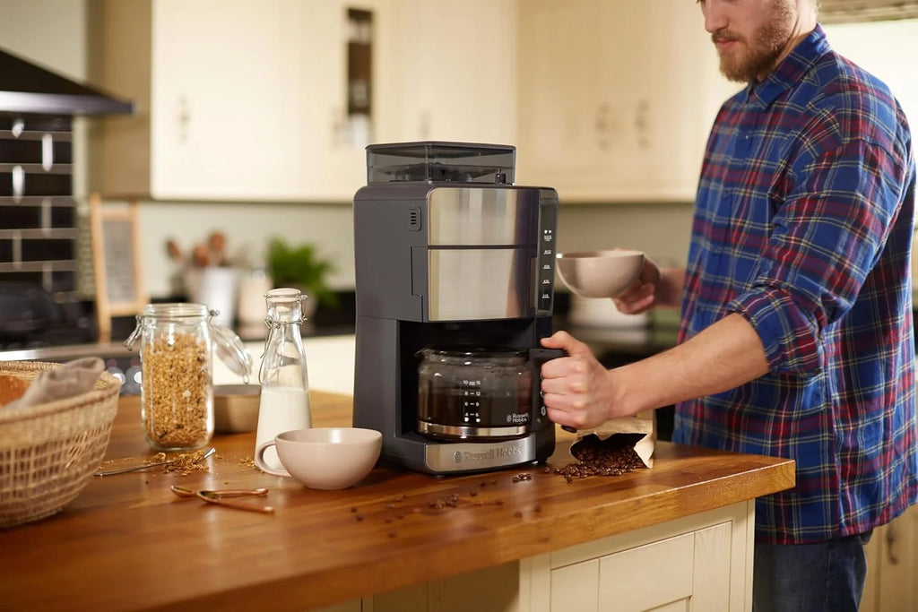 Russell Hobbs ekspres do kawy, wbudowany młynek, regulacja mocy zaparzenia kawy, programowalny timer, podtrzymywanie temperatury, pojemność 1,25l, moc 1000W, srebrny, Grind&Brew 25610-56