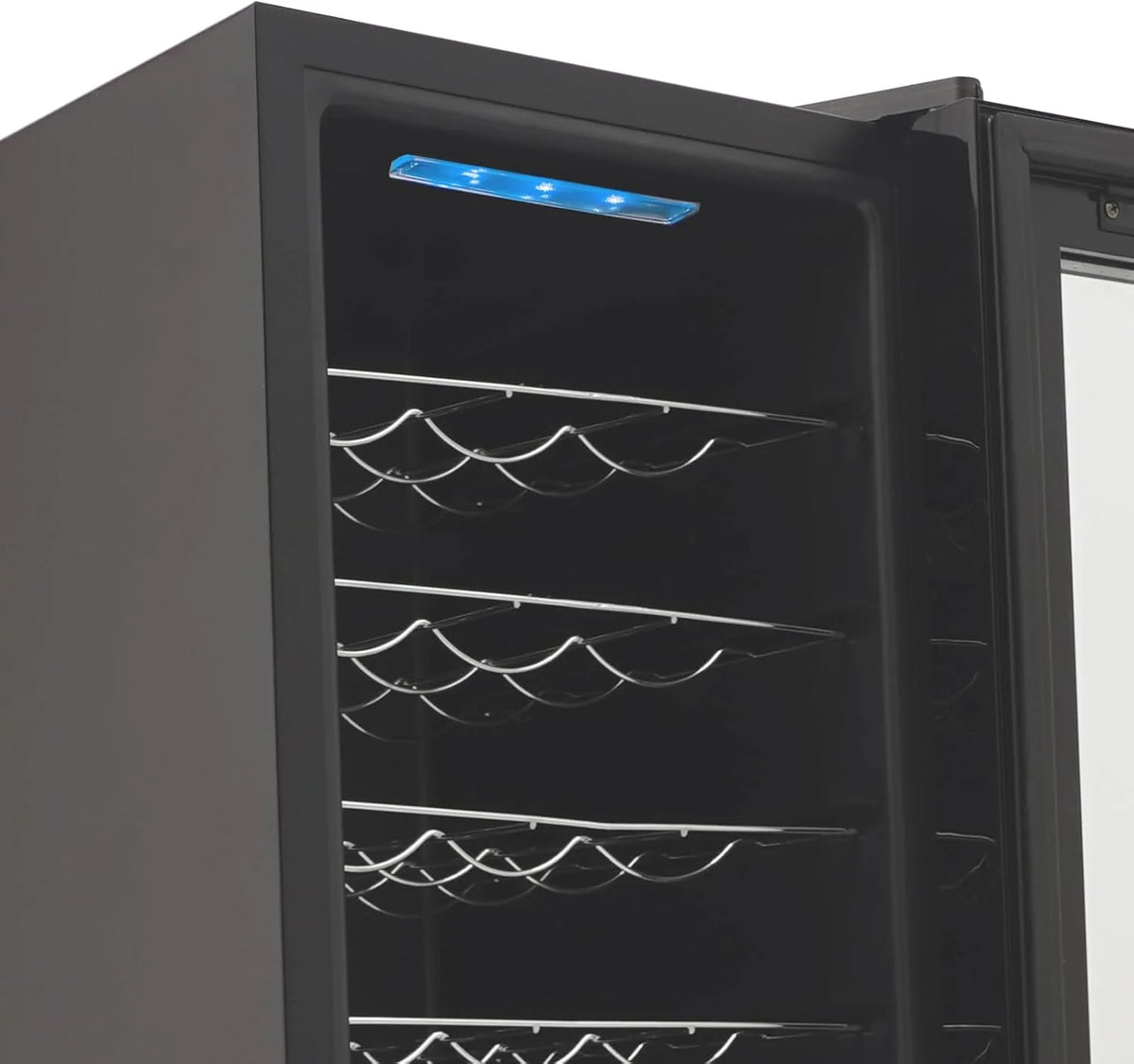 Lodówka na wino 76 l, na 30 butelek z regulacją temperatury 12-18°C, wyświetlacz LED, podwójne chłodzenie powietrzem, drzwi z hartowanego szkła, 9 regałów z fal, nowoczesne wzornictwo do