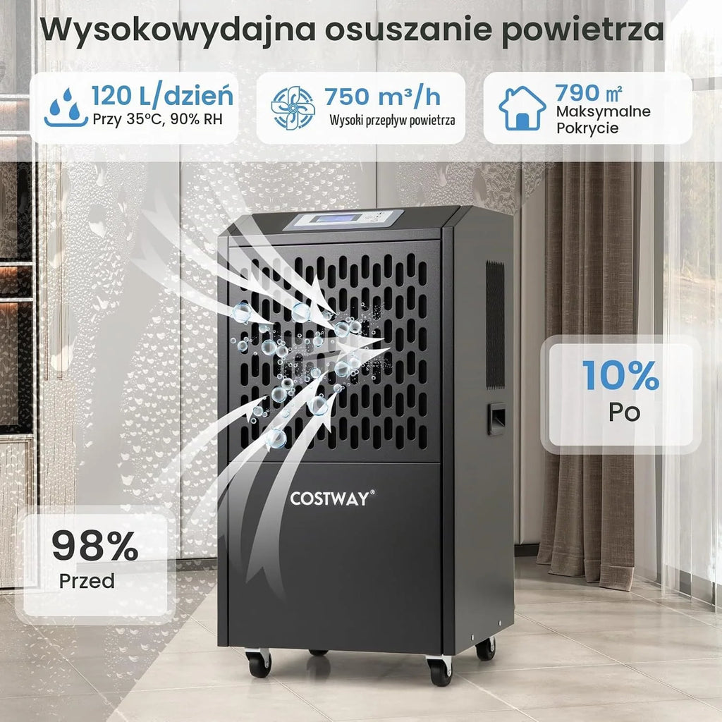 COSTWAY Suszarka budowlana 118 l/dzień, komercyjny osuszacz powietrza z wężem odpływowym, timer 24 h i 4 kółka, osuszacz przemysłowy do piwnicy, magazynu, placu budowy i pomieszczeń do 790 m²
