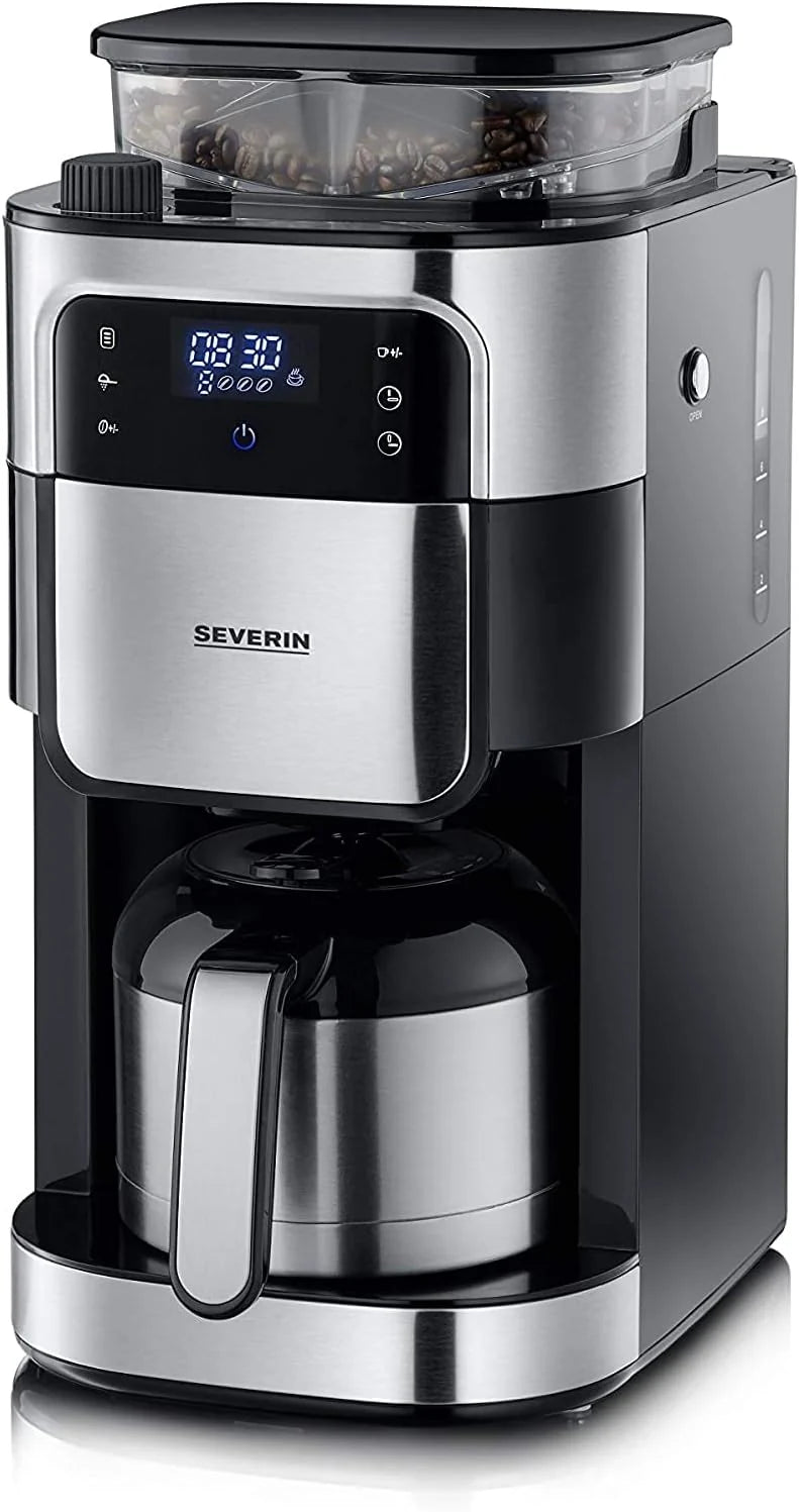 SEVERIN KA 4814 ekspres do kawy z filtrem mechanizmem mielącym ze stali nierdzewnej i dzbankiem termicznym, indywidualnie wybierany stopień mielenia, 1000 W, na maks. 8 filiżanek / ok. 1 litr
