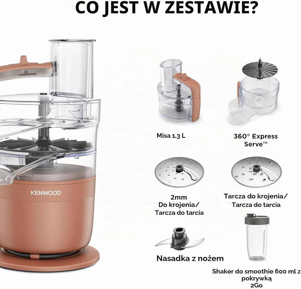 Kenwood MultiPro Compact wielofunkcyjny robot kuchenny z funkcją Express Serve, ostrzem ze stali nierdzewnej, tarczami do krojenia i tarką, osobisty blender 600 ml, funkcja pulsu, glina czerwona