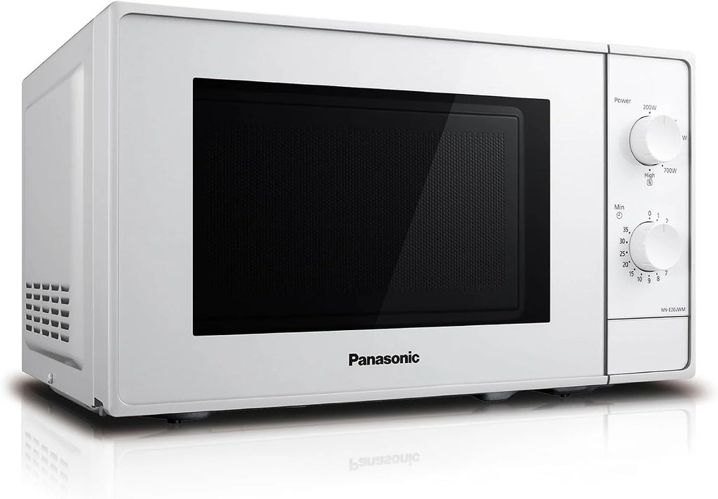 Panasonic NN-E20JWMEBG Kuchenka mikrofalowa ze szklanym talerzem obrotowym, 20 L, 800 W, ustawienie rozmrażania, 5 poziomów mocy, timer, biała