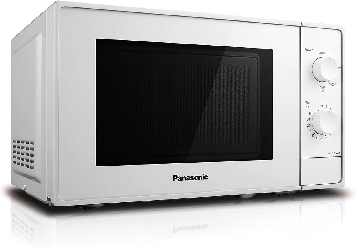Panasonic NN-E20JWMEBG Kuchenka mikrofalowa ze szklanym talerzem obrotowym, 20 L, 800 W, ustawienie rozmrażania, 5 poziomów mocy, timer, biała