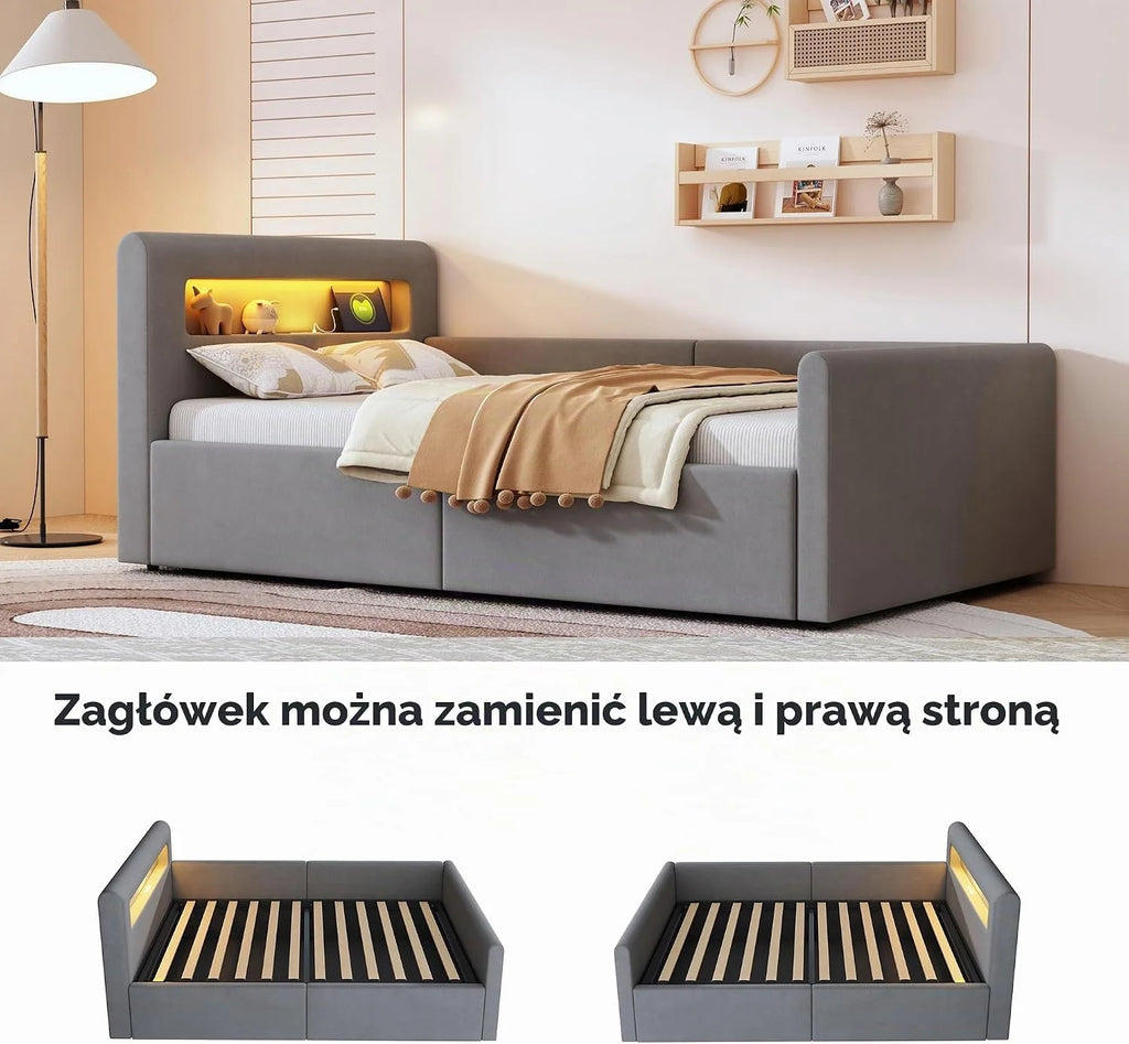 Dolamaní Nowoczesne łóżko młodzieżowe 90 x 200 cm, tapicerowane ze stelażem i schowkiem, zagłówek aksamitny, nocna lampka LED i ładowarka USB