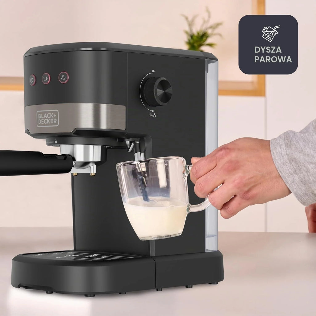 Black+Decker - Kompaktowy ekspres do kawy 1100 W | 20 barów ciśnieniowych | 3 funkcje | zintegrowana dysza parowa | wyjmowany zbiornik 1,4 l | Do kawy mielonej i kapsułek | Nowoczesny design