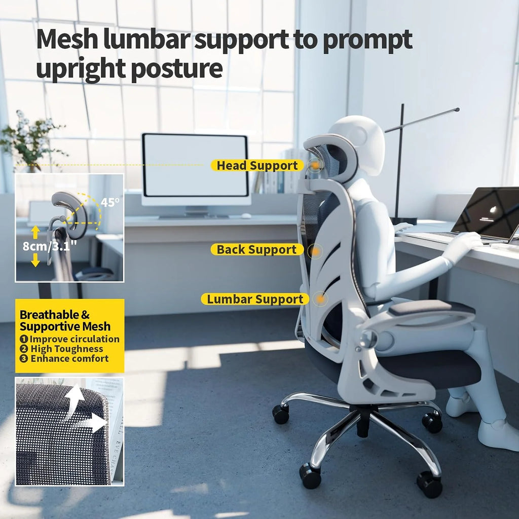 HOLLUDLE Ergonomiczne krzesło biurowe ze składanym oparciem, krzesło do biurka komputerowego z podnoszonymi podłokietnikami, siatkowym podparciem lędźwi i zagłówkiem 2D, duże i wysokie krzesło biurowe