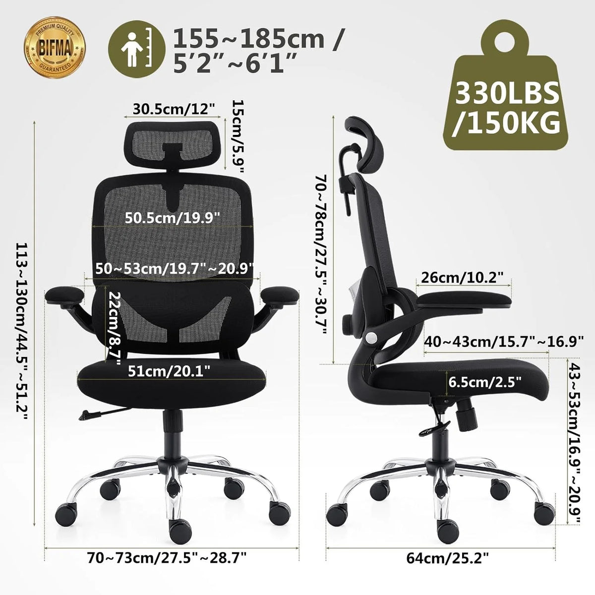 Ergonomiczny fotel do domowego biura z siatkowym wysokim oparciem, regulowanym wsparciem lędźwiowym, podłokietnikami, zagłówkiem,oszczędność miejsca krzesło gamingowe, 150 kg (Czarny)