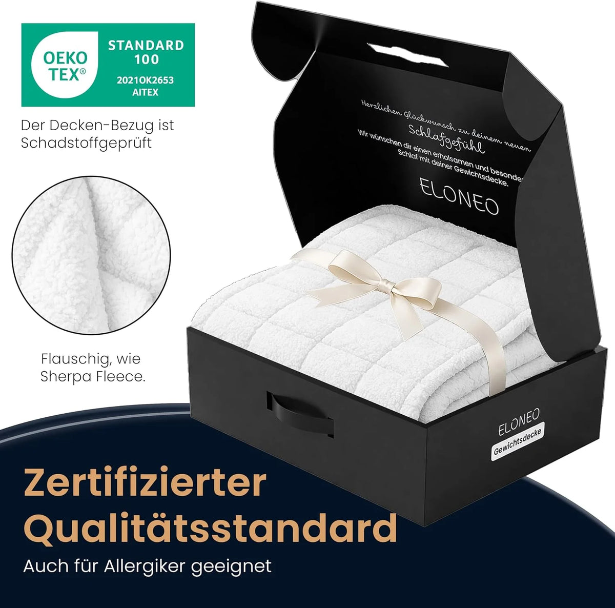 ELONEO koc obciążeniowy Sherpa Fleece 200x200 cm z 11 kg, certyfikowany Oeko-Tex, koc obciążeniowy, koc relaksacyjny i koc przeciwstresowy, biały