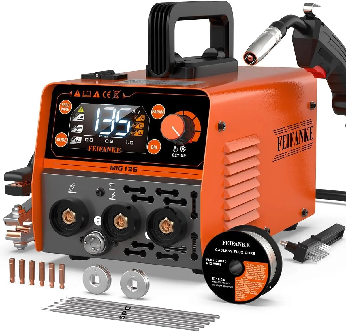FEIFANKE MIG135 Spawarka bezgazowa 135A 230V inwerter spawarka inwerterowa IGBT Mini Synergistyczna 3 w 1 TIG spawarka elektrodowa drut szybki posuw kompatybilny z drutem E308LFC-O