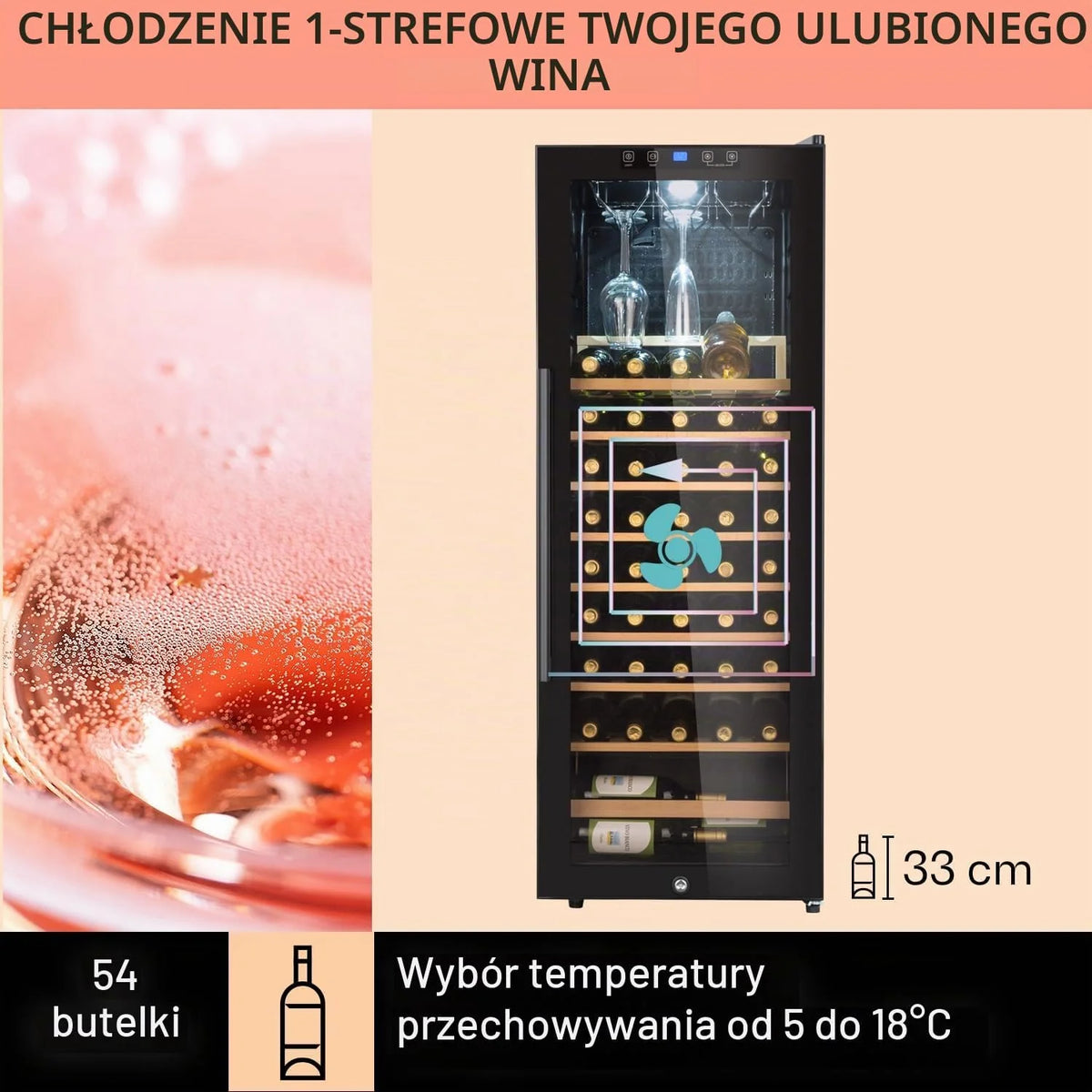 Klarstein Piwnica na wino, 54 butelki, piwnica do serwowania ze zdejmowanymi drewnianymi półkami, szklane drzwi, sterowanie dotykowe, wyświetlacz LCD, oświetlenie wewnętrzne, temperatura 5-18°C