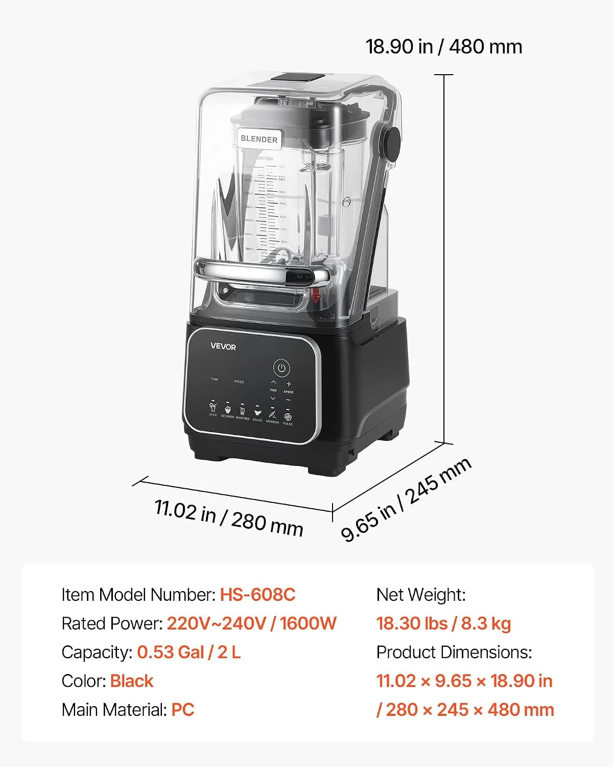 VEVOR Elektryczny blender stołowy do smoothie, 2 litry 2200 W prędkość 26000 obr./min, rozdrabniacz do soków owocowych, samooczyszczanie, 6 zaprogramowanych programów, czarny