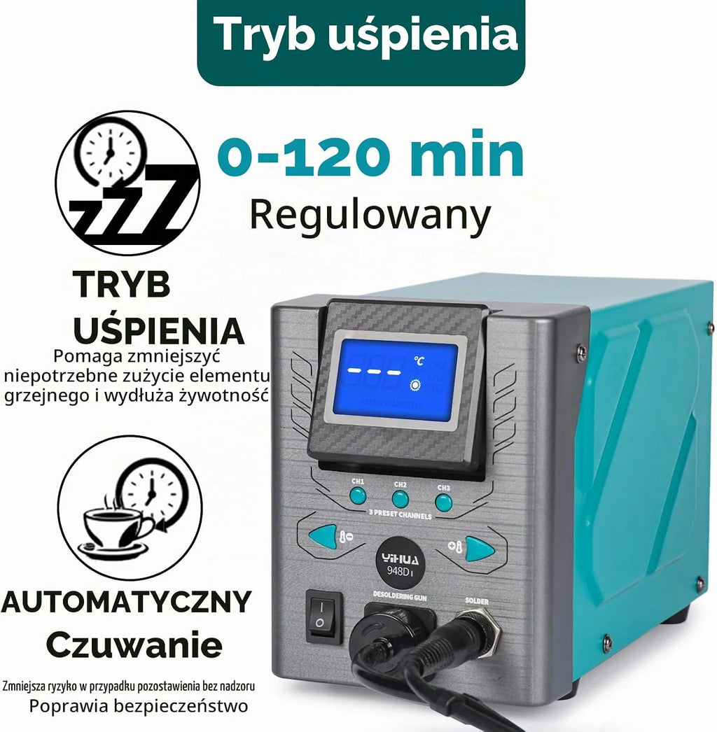 YIHUA 948D-I Wysokowydajna, antystatyczna stacja rozlutowywania 110 W, z regulacją temperatury 380-480°C, 3 wstępnie ustawione kanały, konwersja °C/°F, automatyczne uśpienia (wtyczka UE)