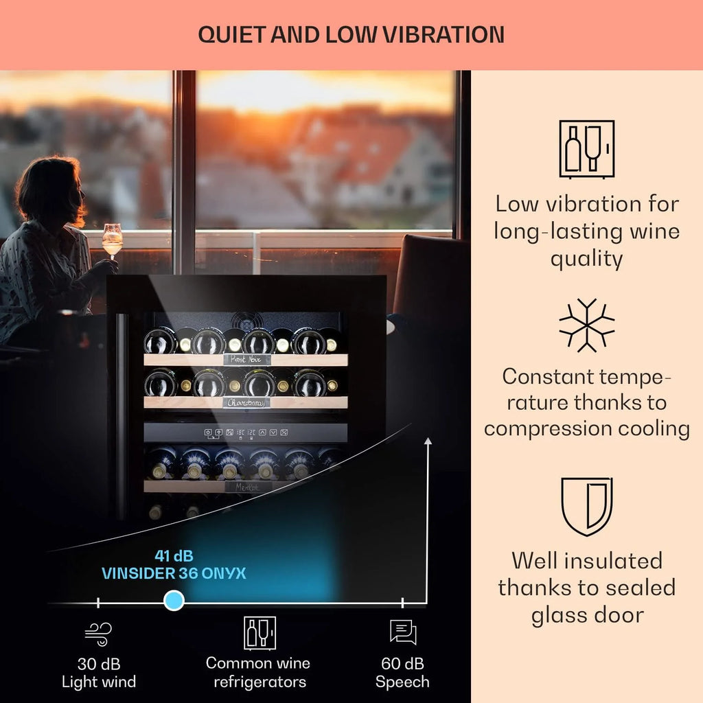 Klarstein Chłodziarka do wina do zabudowy, 2 strefy, Mała lodówka na napoje, Mała szafa na wino 85L, Chłodziarka ze szklanymi drzwiami, Lodówka na butelki Indoor/Outdoor, Wine Fridge 36 butelek