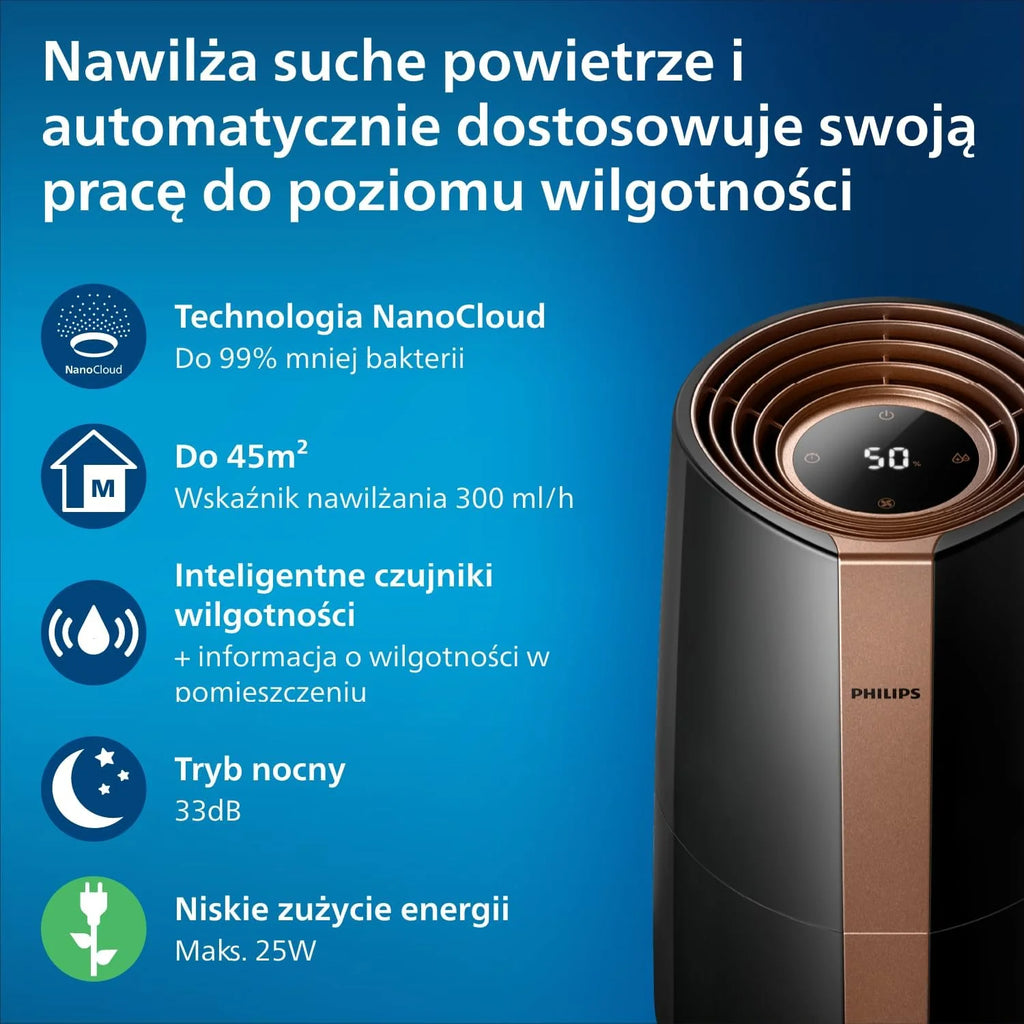 Philips Nawilżacz Ewaporacyjny serii 3000, do 45 m², NanoCloud, 3 l, Czarny