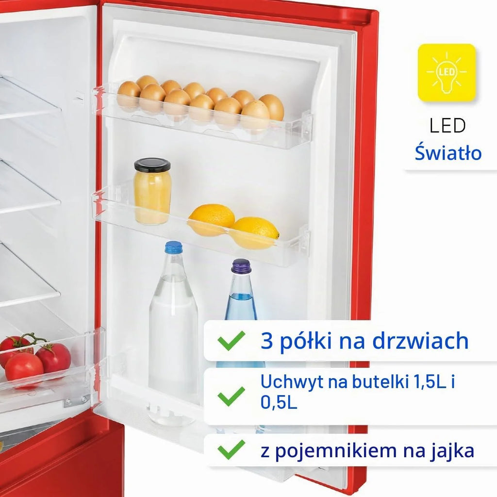 Bomann 175L czerwona lodówka i zamrażarka KG320-2-czerwona, Pojemność netto: 175 l, bezstopniowa regulacja temperatury, zawiasy do drzwi po prawej stronie, wymienne, regulowane nóżki