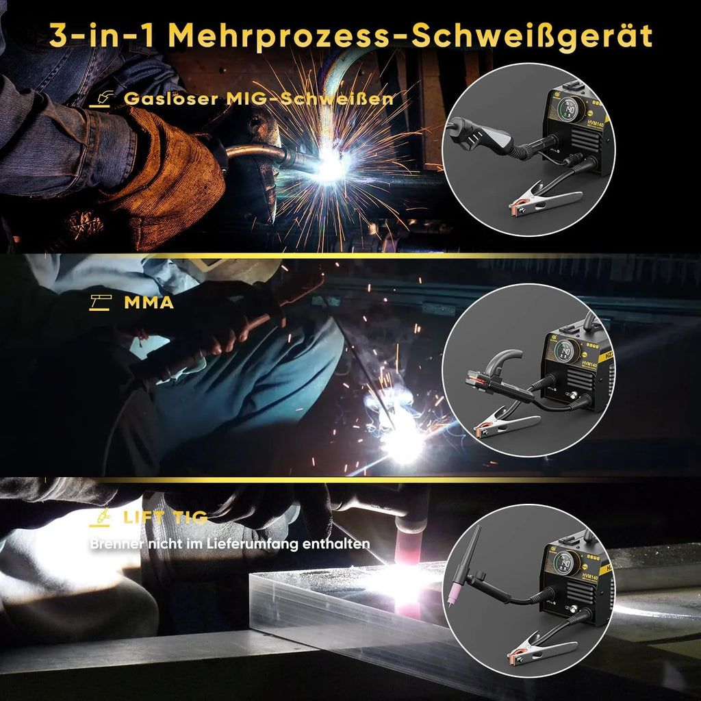 H HZXVOGEN Spawarka MIG 140A, 230V, spawarka rdzeniowa MIG/Lift TIG/Stick 3 w 1 z funkcją synergii, przenośna spawarka MIG bez gazu z inwertorem IGBT. Spawarka MIG dla początkujących (HVM140)