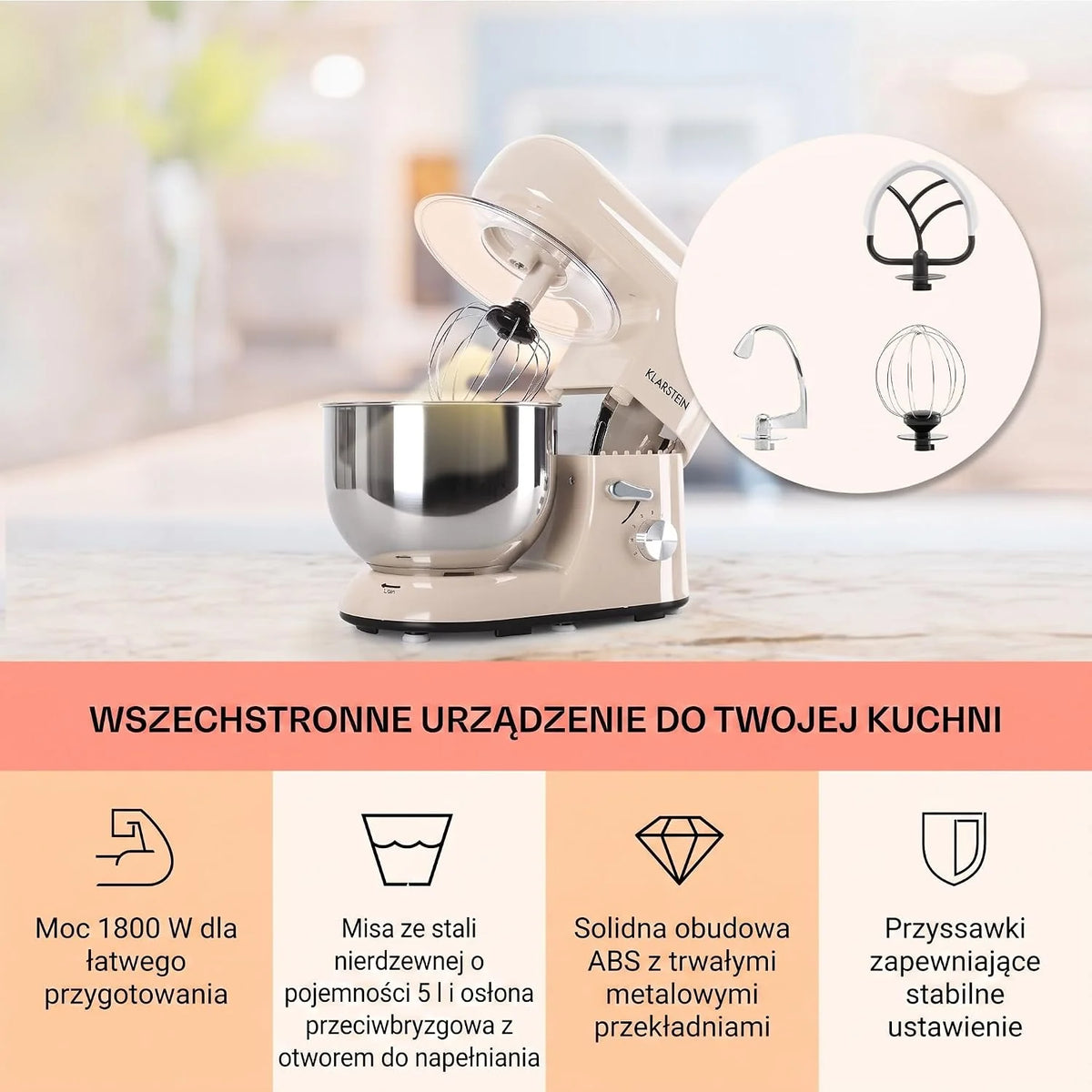 Klarstein Robot kuchenny, Maszyna do wyrabiania ciasta z misą 5L, 2000W profesjonalny robot z hakiem i trzepaczką, Uniwersalny z 6 biegami, Maszyna do mieszania, ugniatania i ubijania