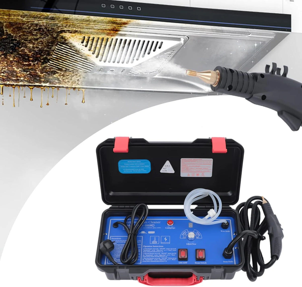 Myjka parowa, 3000 W, 220 V, ciśnienie pary: 3 – 3,5 bar, elektryczna, wysokociśnieniowa, wysoka temperatura, gospodarstwo domowe, ręczne, przenośne, parowe do okapów kuchennych, kuchenek