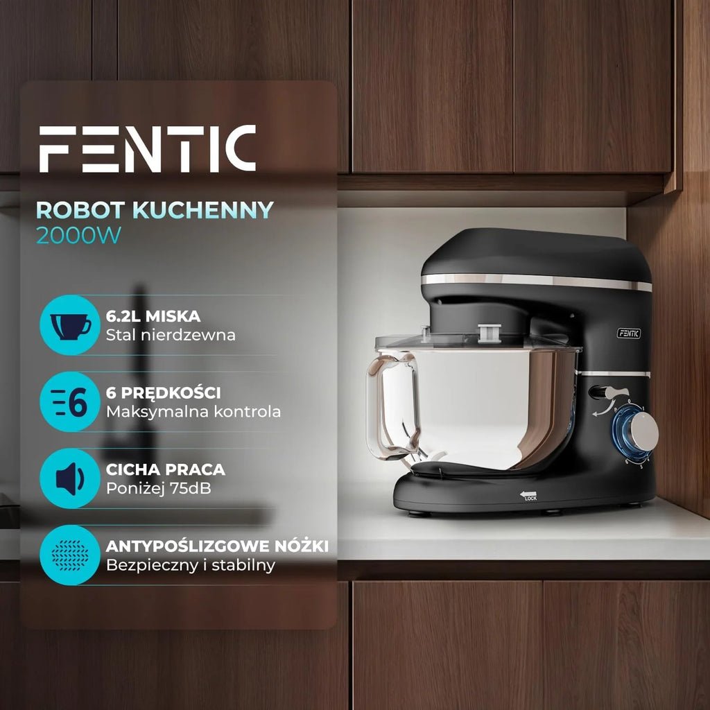 Robot kuchenny - 2000 W - miska do mieszania ze stali nierdzewnej (6,2 l) - mikser kuchenny z mieszania, hakiem do zagniatania, trzepaczką i ochroną przed pryskaniem - w zestawie
