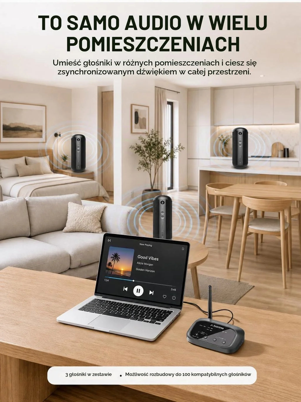Avantree Harmony 2 – bezprzewodowy system głośników multiroom z Bluetooth i wejściami przewodowymi, zestaw 3 głośników, niezależne użycie, rozszerzalny, niskie opóźnienie do domu i biura