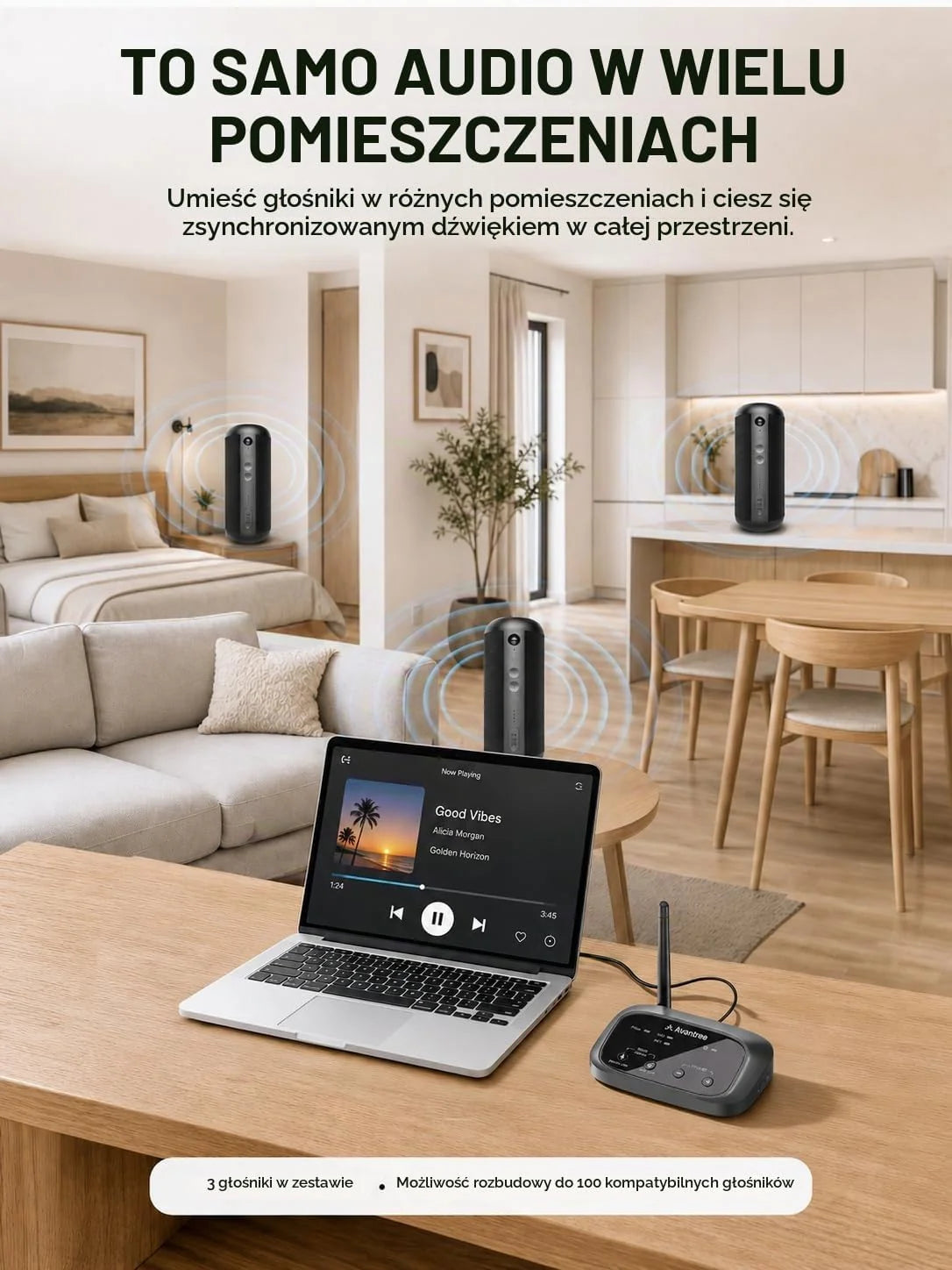 Avantree Harmony 2 – bezprzewodowy system głośników multiroom z Bluetooth i wejściami przewodowymi, zestaw 3 głośników, niezależne użycie, rozszerzalny, niskie opóźnienie do domu i biura