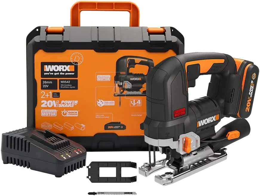 WORX Nitro WX542 akumulatorowa wyrzynarka wahadłowa 20 V, silnik bezszczotkowy, profesjonalna wyrzynarka z adapterem ssącym, idealna również do cięcia ukośnego, kompatybilna z PowerShare, z