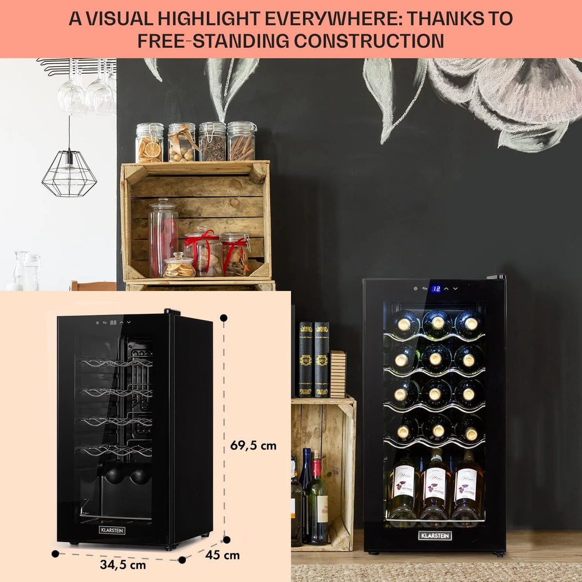 Klarstein Shiraz, chłodziarka do wina - mini lodówka, lodówka do wina, winiarka, kompaktowa chłodziarka na wino, przejrzysty dotykowy panel, led oświetlenie wnętrza, kolor czarny, wariant: 44l, 15 butelek